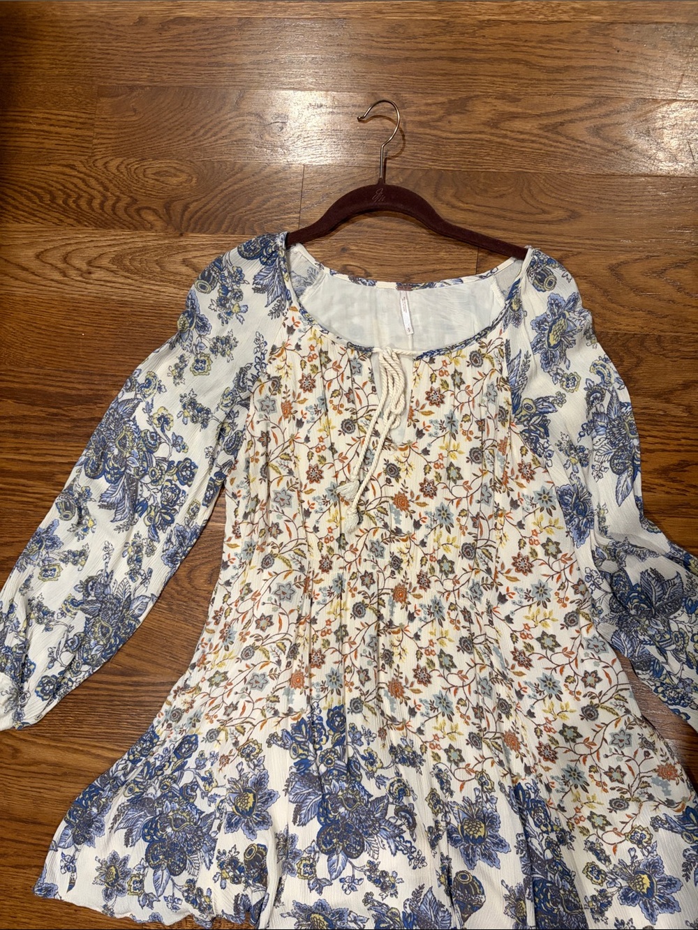 Free people Women’s Blue & Cream Floral Boho Dress with Tie Neck